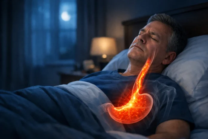 Man sleeping at night with medical overlay showing stomach acid reflux moving up the esophagus.