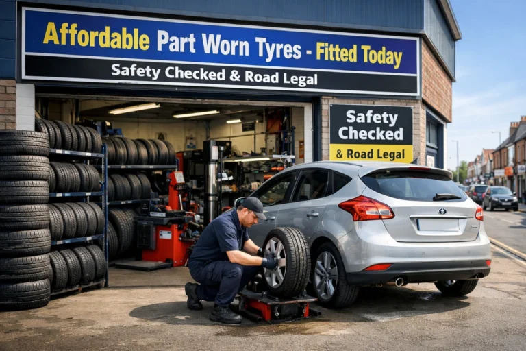 UK tyre garage fitting affordable part worn tyres with safety inspection in daylight setting.