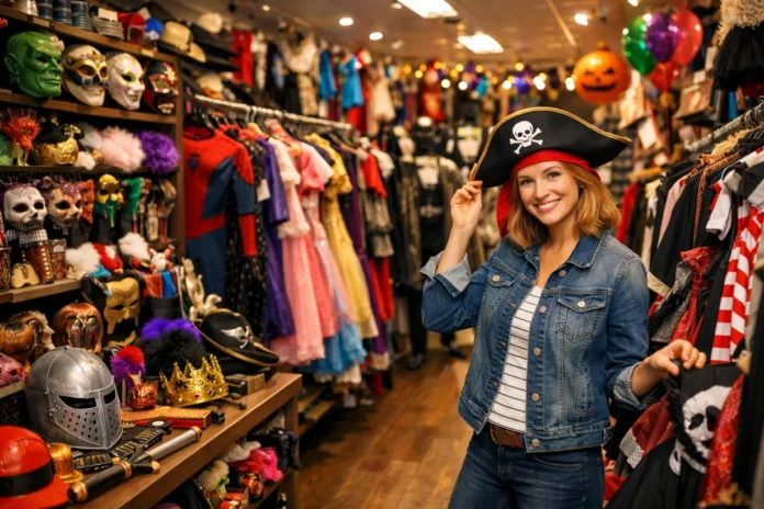 Colorful fancy dress shop with costumes, masks, and props as a shopper browses festive outfits.