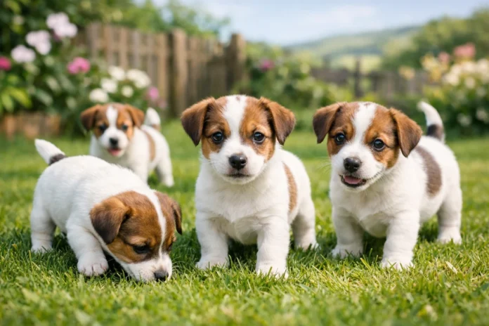 Group of playful Jack Russell Terrier puppies on green grass in a sunny UK garden, looking curious.