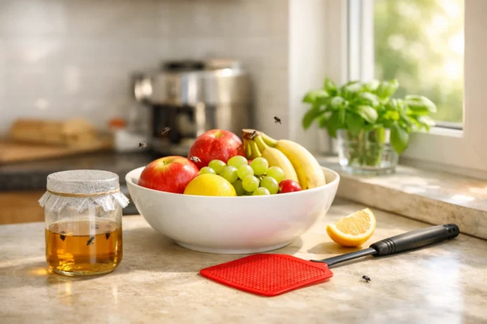 Sunlit kitchen counter with fruit, herbs, a fly swatter, and a jar trap catching small flies.