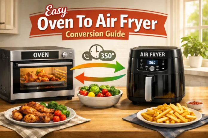 Modern kitchen showing an oven and air fryer side by side with ingredients, illustrating conversion.