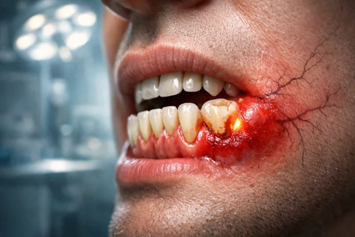 Close-up of a human jaw with an infected, swollen tooth and inflamed gums, medical setting.