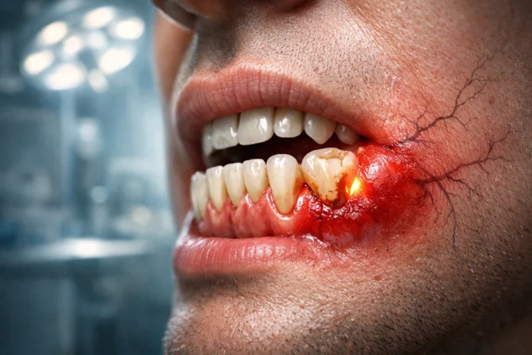 Close-up of a human jaw with an infected, swollen tooth and inflamed gums, medical setting.