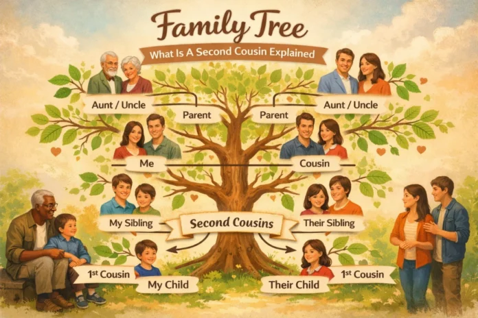 Illustration of a family tree showing multiple generations with second cousins highlighted.
