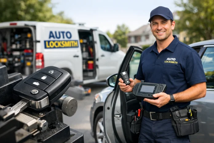 Auto locksmith programming a new car key beside a sedan with service van and key cutting machine nearby.