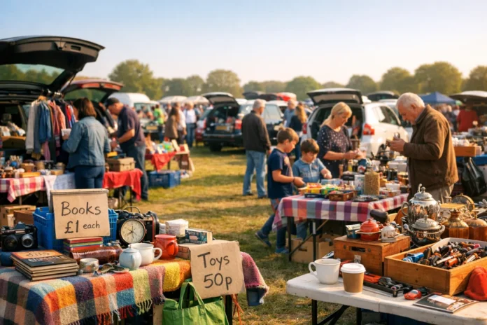 Sunday morning car boot sale with people browsing tables of vintage items and second-hand goods.