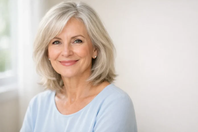 Confident woman over 60 with layered silver-blonde hair smiling in soft natural light at home inside.