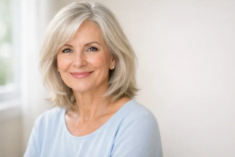 Confident woman over 60 with layered silver-blonde hair smiling in soft natural light at home inside.