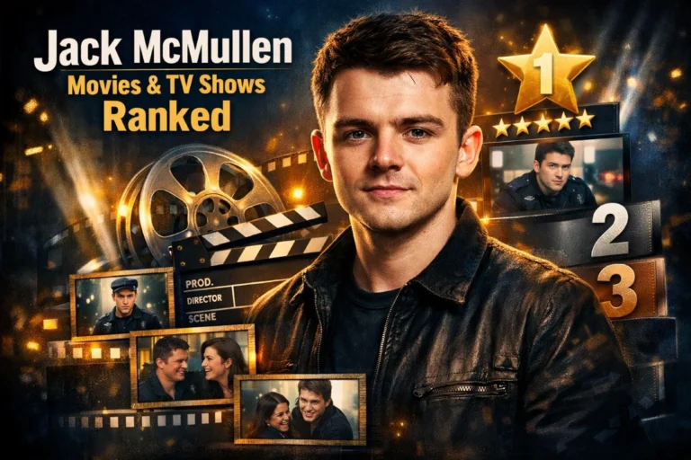 Cinematic collage of Jack McMullen with film reels, screens, and ranking stars highlighting his movies and TV shows.