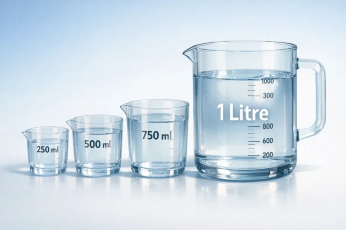 A glass 1-litre container with clear liquid and smaller measuring cups showing ml amounts.