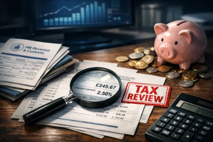 Magnifying glass on savings account documents with tax review stamp, calculator, piggy bank and coins on desk.