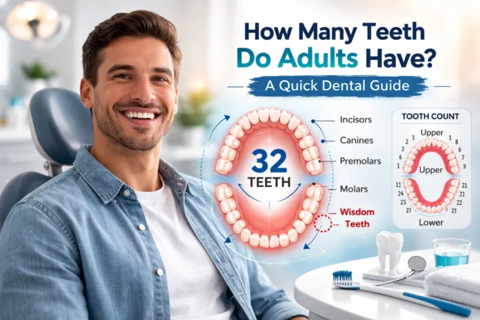 Smiling adult in dental clinic with 32-teeth diagram and labeled tooth chart overlay.