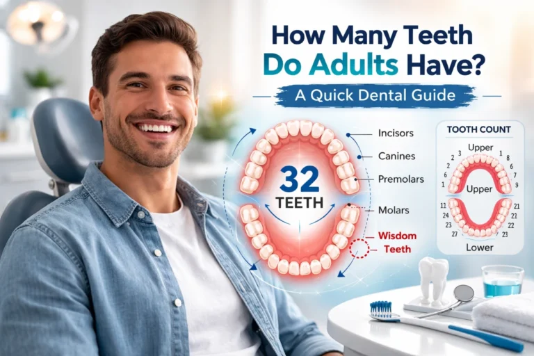 Smiling adult in dental clinic with 32-teeth diagram and labeled tooth chart overlay.