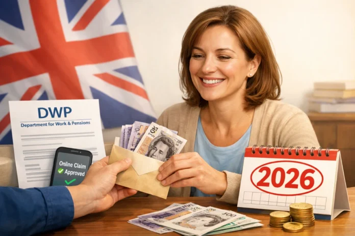 A smiling woman receives DWP financial support in 2026, with money, a calendar, and Union Jack.