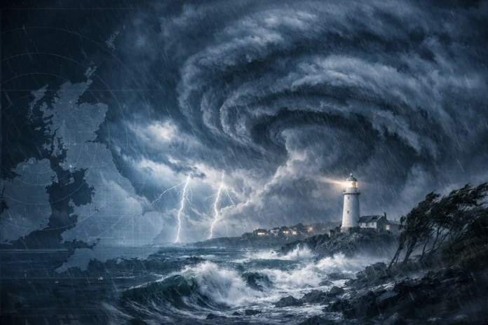 Dark storm clouds swirl over UK coast as lightning flashes, waves crash and rain lashes a lighthouse.