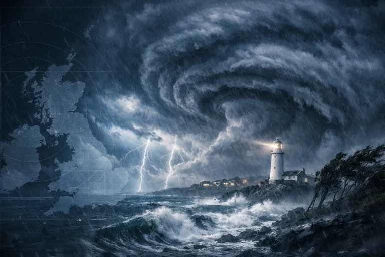 Dark storm clouds swirl over UK coast as lightning flashes, waves crash and rain lashes a lighthouse.