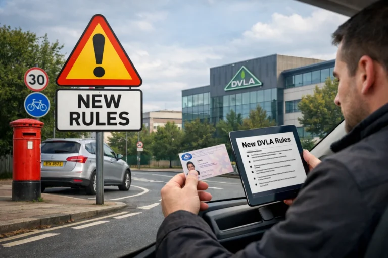 UK driver reviewing new driving rules on tablet beside car on a street with road signs and DVLA context.