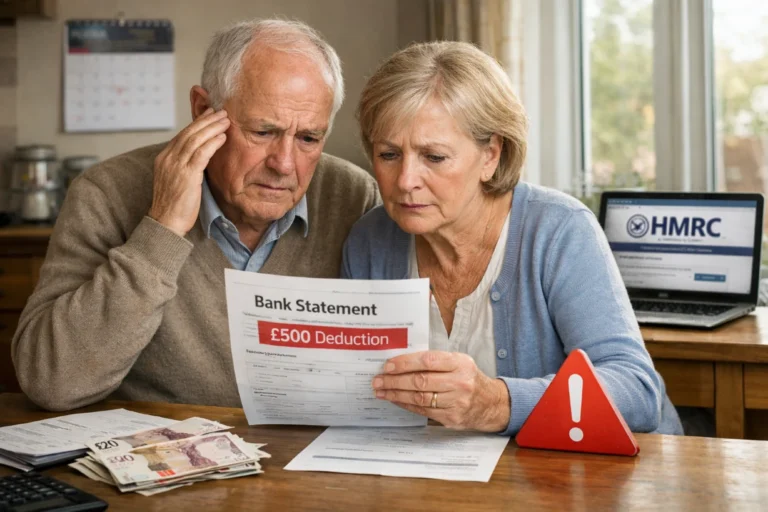 Elderly British couple looking worried at a bank statement showing a £500 HMRC deduction.