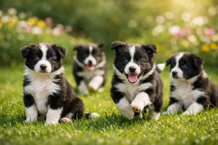 Adorable KC registered Border Collie puppies playing in a sunny garden with green grass and flowers.