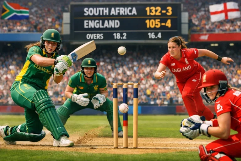 Women’s cricket match action between South Africa and England, players batting and fielding on stadium pitch.