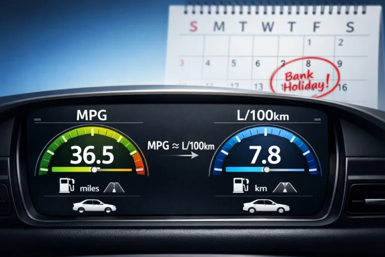 Modern car dashboard showing MPG and L/100km with a calendar highlighting a bank holiday.