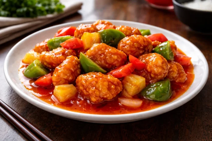 A plate of crispy Hong Kong-style sweet and sour chicken with bell peppers and pineapple chunks.