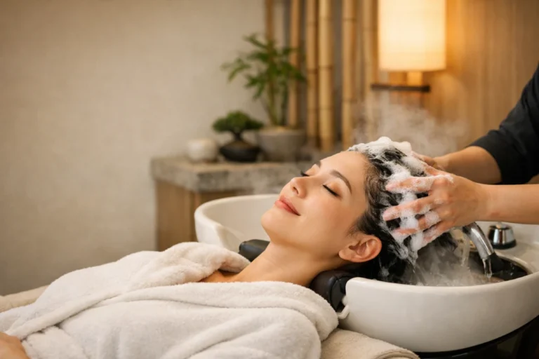 Woman enjoying a luxury Japanese head spa scalp massage in a serene, modern spa setting.