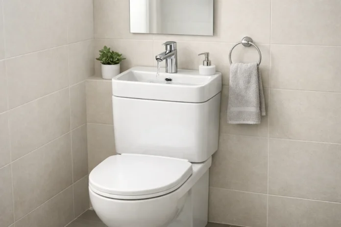 Compact cloakroom toilet with sink on top, modern space-saving bathroom design for small spaces.