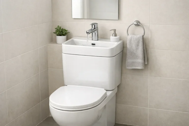 Compact cloakroom toilet with sink on top, modern space-saving bathroom design for small spaces.