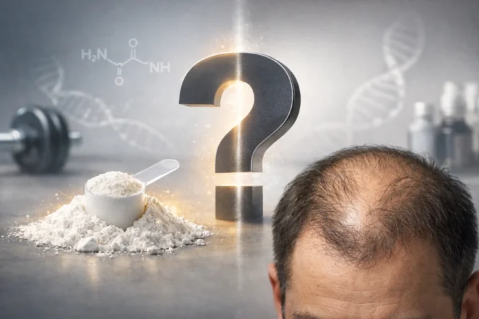 Split image showing creatine powder on one side and subtle thinning hair on a scalp on the other.