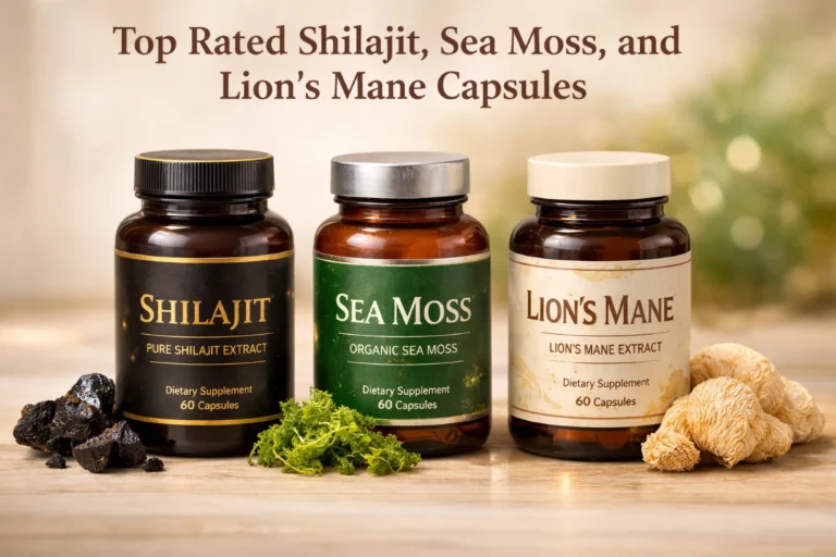Three supplement bottles labeled Shilajit, Sea Moss, and Lion’s Mane capsules with natural ingredients.