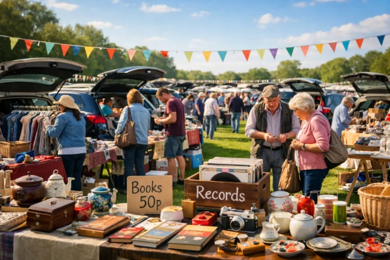 Busy Sunday car boot sale with shoppers browsing tables in sunny open field scene.