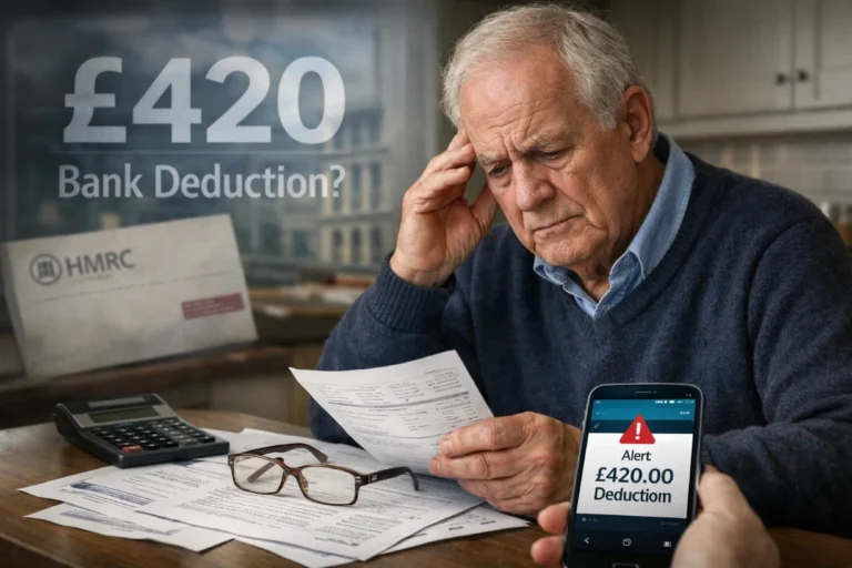 British pensioner checking statement at kitchen table after £420 deduction alert looking worried man.
