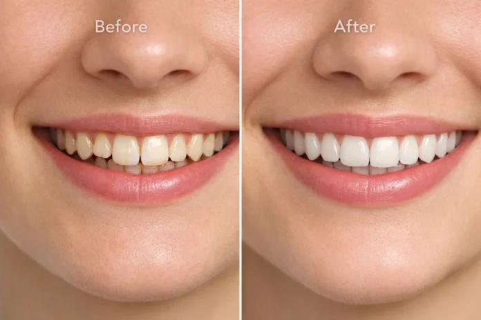 Before and after composite bonding smile makeover showing straighter, whiter natural teeth.
