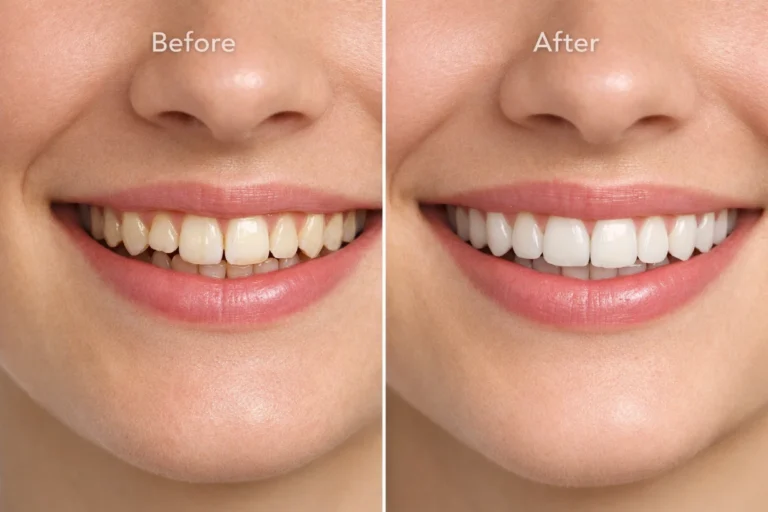 Before and after composite bonding smile makeover showing straighter, whiter natural teeth.