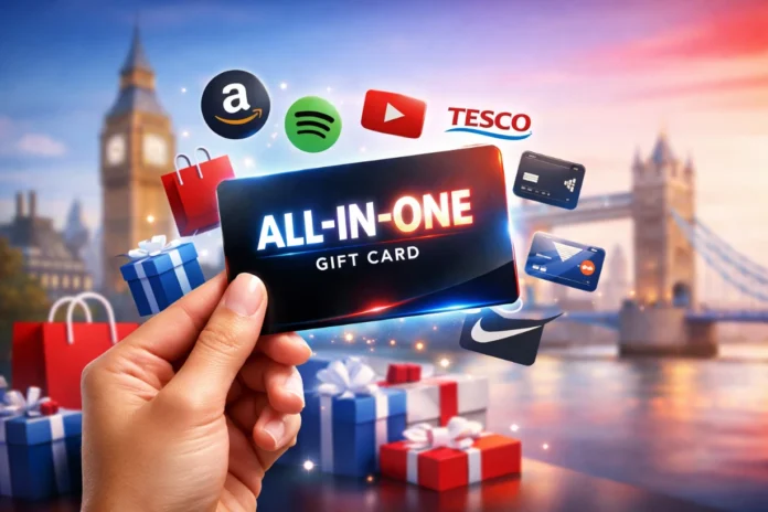 Hand holding a premium all-in-one gift card with UK skyline and shopping icons representing multiple brands.