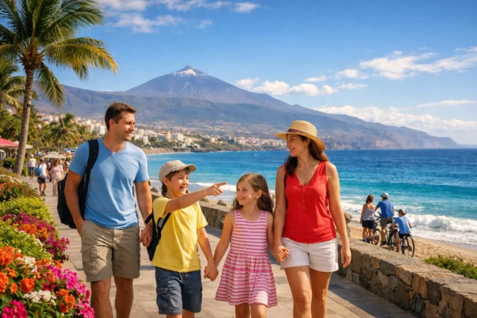 Family walking along Tenerife beach promenade with ocean, palm trees, and Mount Teide in background.