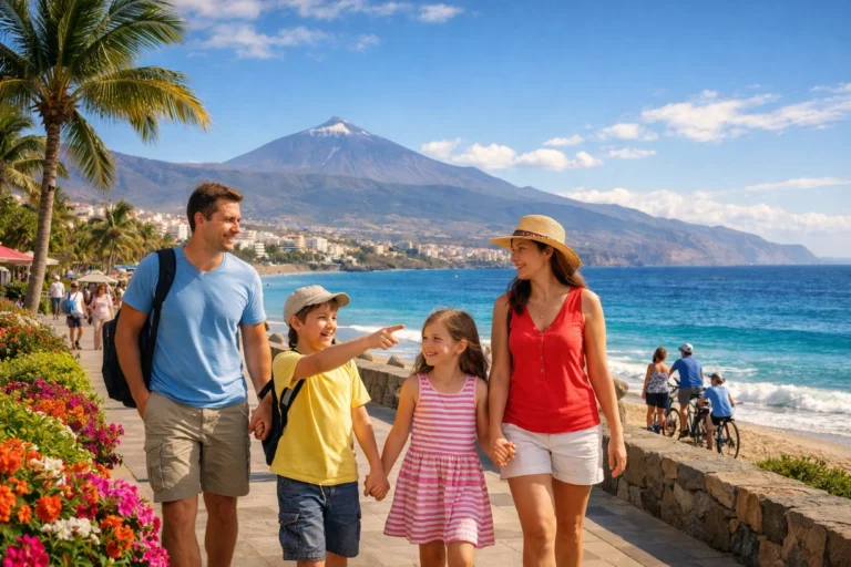 Family walking along Tenerife beach promenade with ocean, palm trees, and Mount Teide in background.