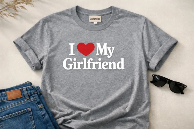 A flat-laid unisex t-shirt with “I Love My Girlfriend” print, styled with jeans and sunglasses.