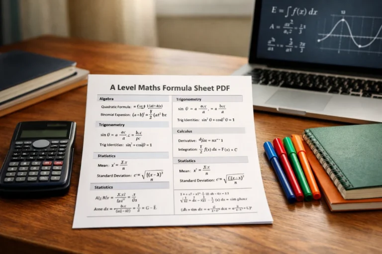 A neatly organized study desk with A-Level Maths formula sheet, laptop, calculator, and pens.