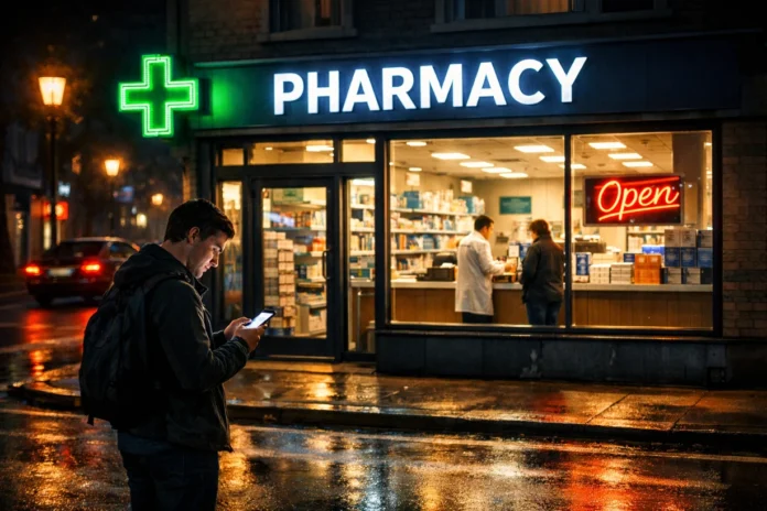 Nighttime street scene with a lit pharmacy open, person checking phone outside, warm interior glow.