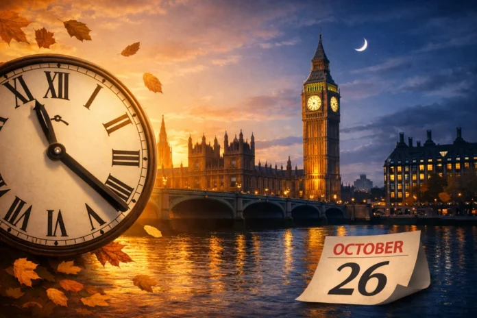 London at sunset with Big Ben, an autumn clock showing time falling back for daylight saving.