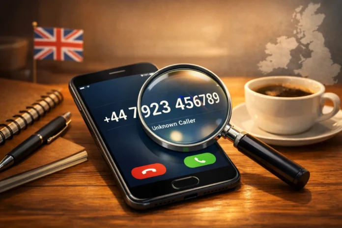 Smartphone showing unknown UK caller number under magnifying glass on desk with coffee and flag map.