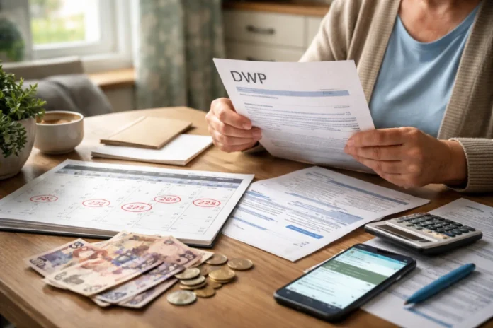 Middle-aged person reviewing DWP letters, bills, calendar dates, and UK financial support payments.