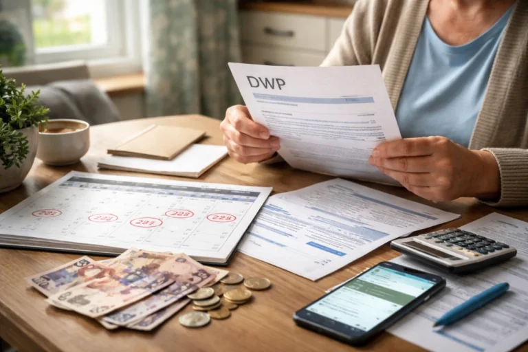 Middle-aged person reviewing DWP letters, bills, calendar dates, and UK financial support payments.