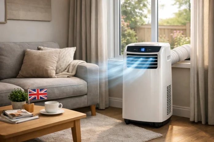 Portable air conditioner in a bright UK living room, blowing cool air near a window with cozy decor.