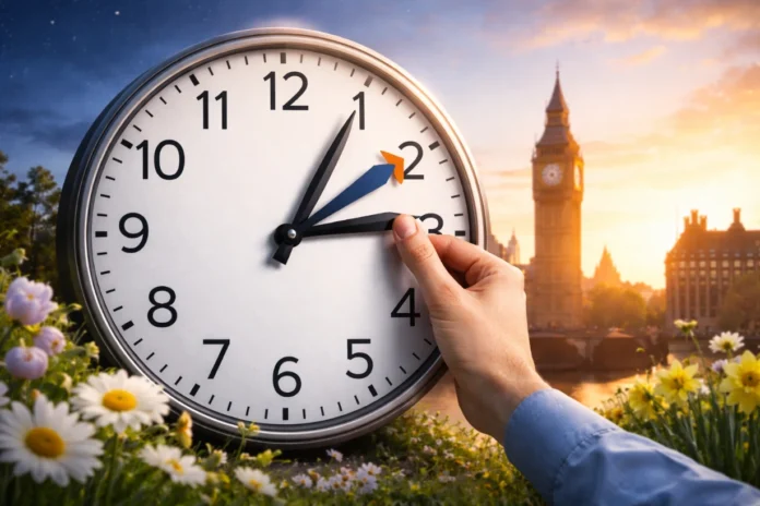 Analog clock being set forward with London skyline at sunrise, symbolizing UK daylight saving time!!