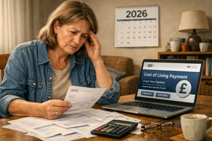 Middle-aged person at home reviewing bills and laptop, concerned about 2026 cost-of-living payment.