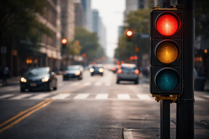 Driver's view of a red traffic light on a city street, cars approaching, urban environment in daylight.